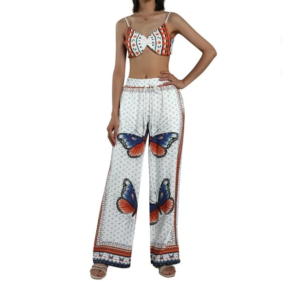 WHITE / ORANGE / PURPLE HIGH WAISTED WIDE LEG BOHO PALAZZO PANTS W/ BUTTERFLIES - Picture 1 of 10